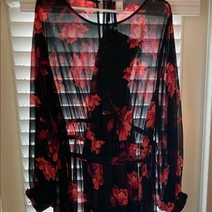 Black & red floral dress with belt & shield,
